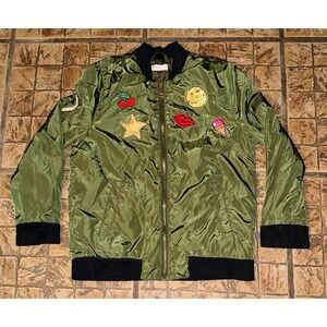 Y2K‎ Satin Bomber Jacket M Green women's happiness Hero Patches Casual Fall Wear